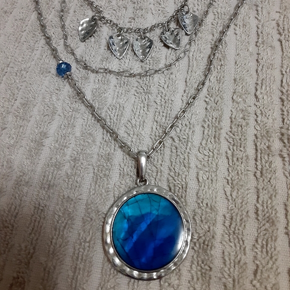 chico/'s signed women jewelry silver tone circle link necklace blue rope chain